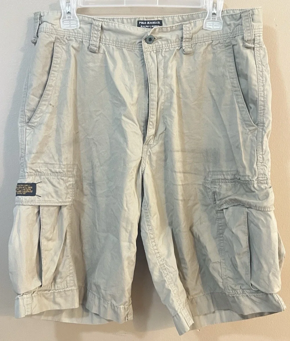 Polo Jeans Co Ralph Lauren Men 34 Vintage Cargo Shorts Khaki Tan 100% Cotton GUC